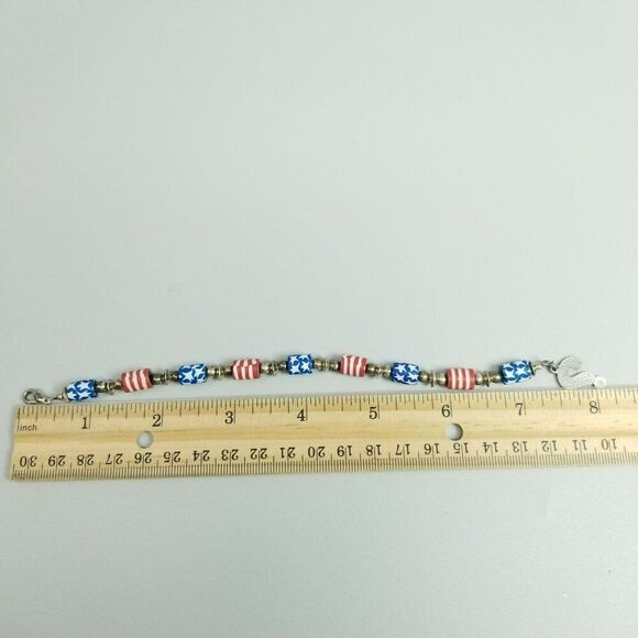 Vintage Red White and Blue Clay Beaded Bracelet with Why? Silver Tone Charm - Picture 5 of 7